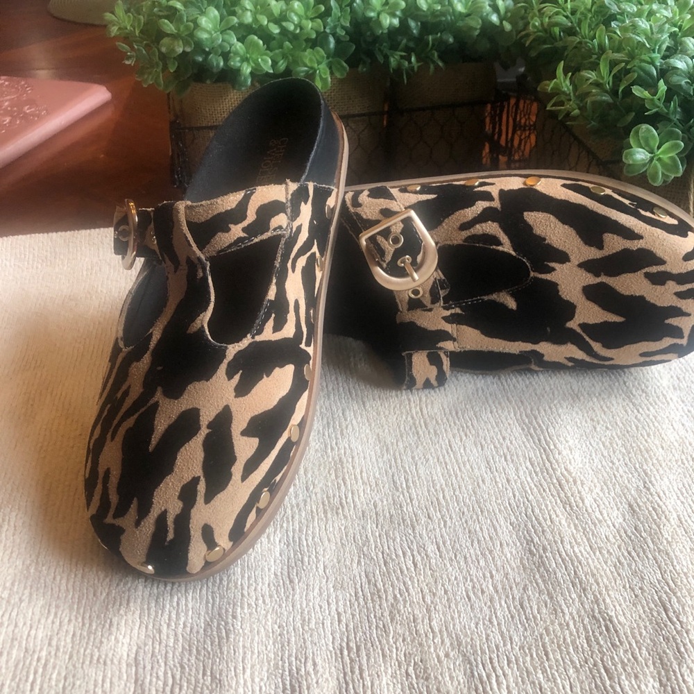 Animal Print Buckle Clog Mules - Tan & Black by Chelsea & Violet
